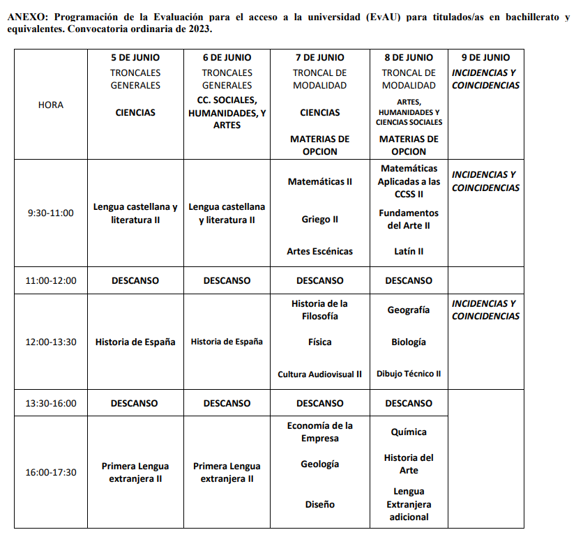 HORARIO EVAU 2023